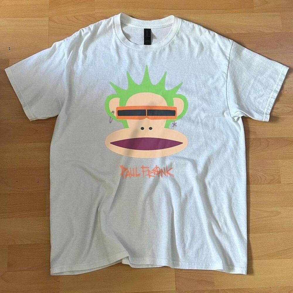 White Gildan Tee Paul Frank Monkey Tee With Multi-Coloured Graphics